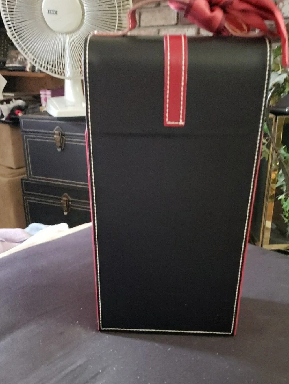 Two-Tone Red and Black Leatherette Wine Bottle Carrier Bag for Two Bottles.